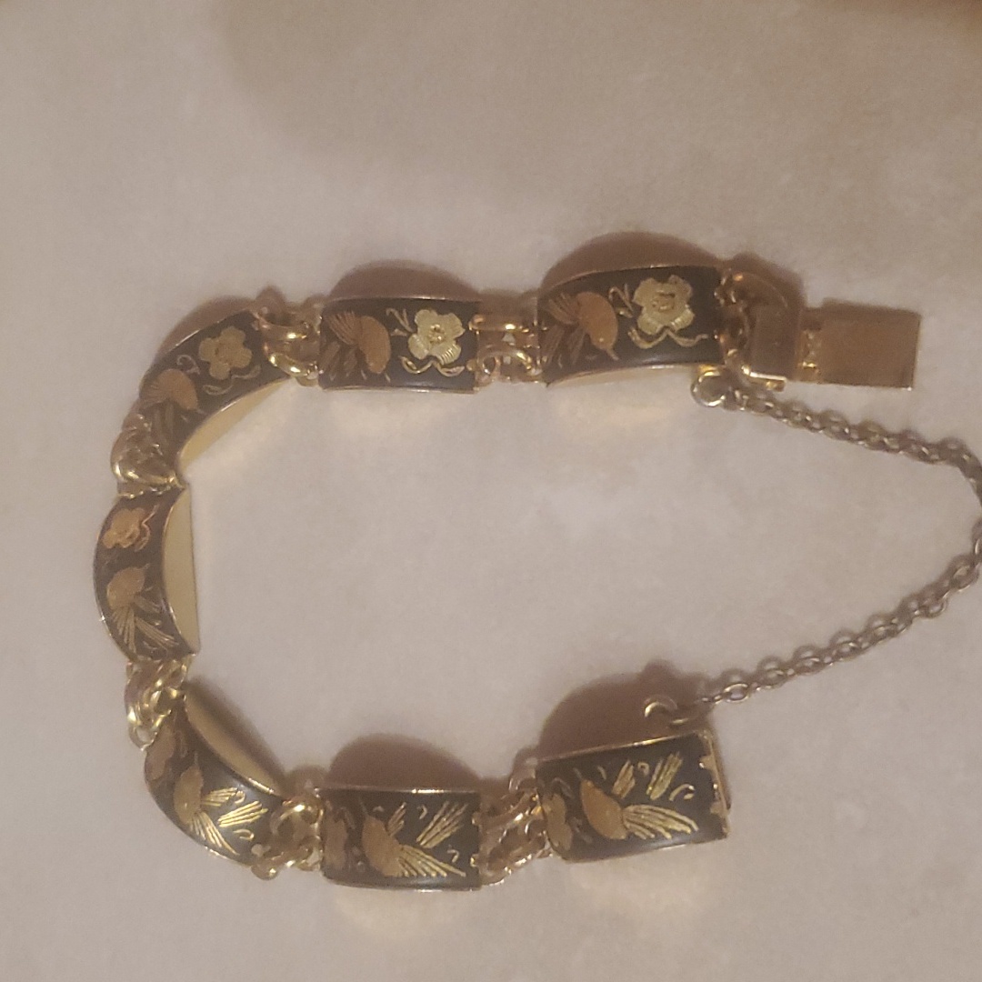 Vintage Damascene Black & Goldtone Etched Toledo Bird Link Bracelet